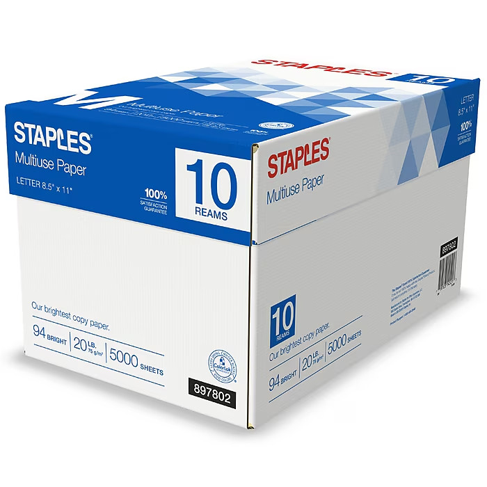 Staples Multiuse Copy Paper, 8.5" x 11", 20 lbs., 94 Brightness, 500 Sheets/Ream