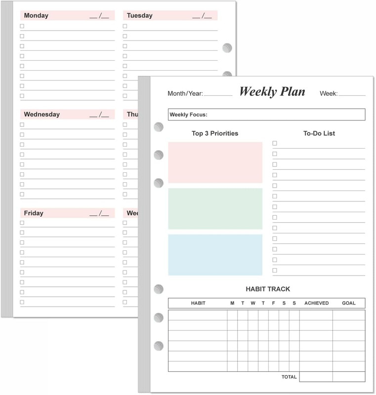 Weekly Planner Refills for A5 Binders - 53 Sheets/106 Pages Undated Colorful Wee