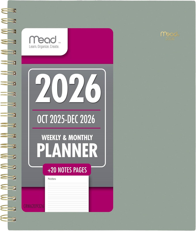 2026 Planner, Weekly & Monthly, 15-Month, 8-1/2" X 11", Large, Basic, Sage Green