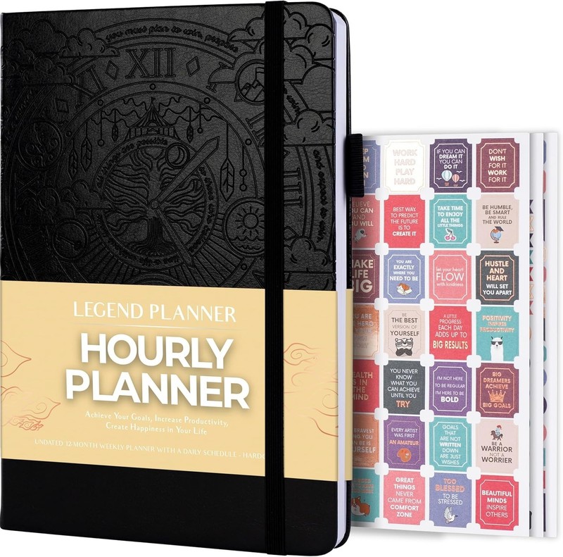Undated Hourly Planner Weekly & Daily Schedule Organizer Hardcover Black