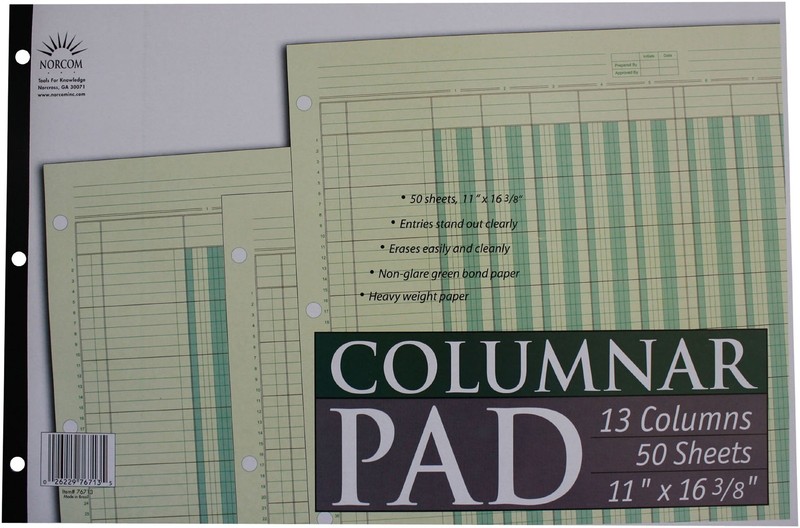 Norcom Columnar Pad 13 Columns, 11 x 16.375 Inches, 50Sheets, Green 7671310
