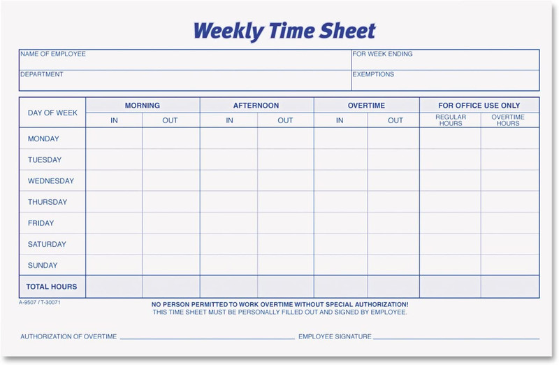 Weekly Time Sheets, One-Part (No Copies), 8.5 x 5.5, 5 Forms/Pad, 2 Pads/Pack