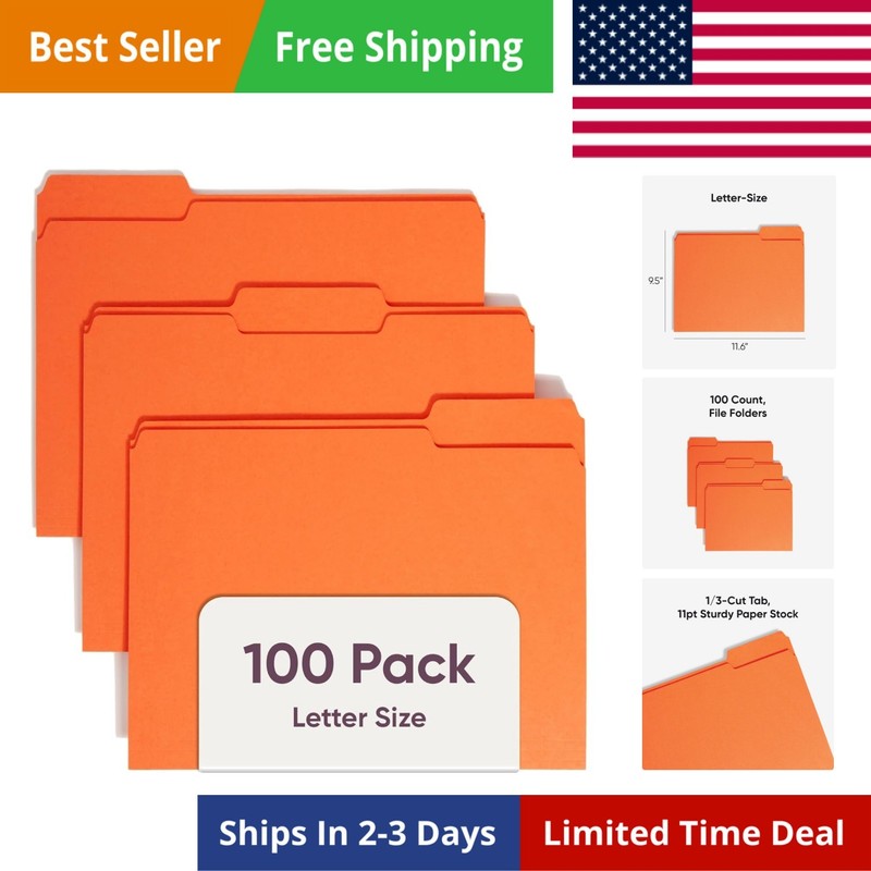 Colored File Folder, 1/3-Cut Tab, Letter Size, Orange, 100 per Box 12543