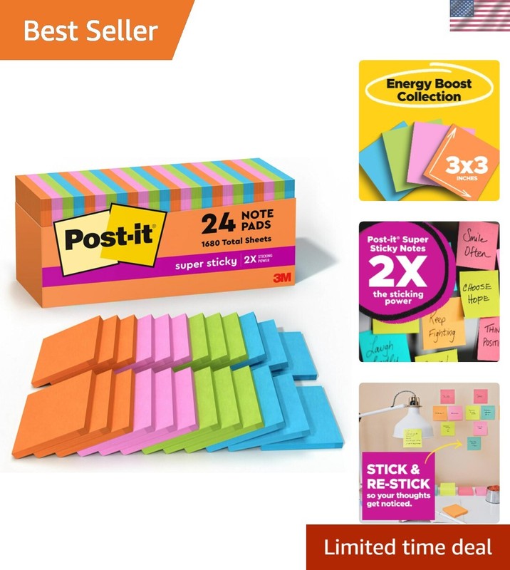 Energy Boost Super Sticky Notes – 24 Pads of Vibrant 3×3 Colorful Reminders