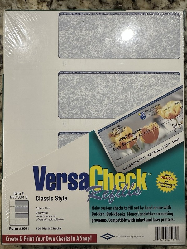 VERSACHECK BLANK Business CHECK REFILLS-FORM 3000 250 Sheets 750 Checks-Blue
