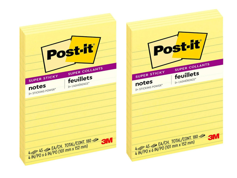 Post it Super Sticky Notes, 2x Sticking Power, 4 in x 6 in, Canary Yellow, 2 PK