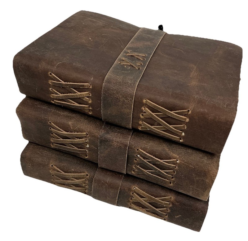 (3) Handmade Leather Bound Journals 8 x 6 x 2” Deckle Edge Paper NEW