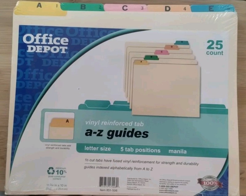 Office Depot Alphabetic Vinyl Top Tab Indexed File Guide Set A-Z Letter NOS