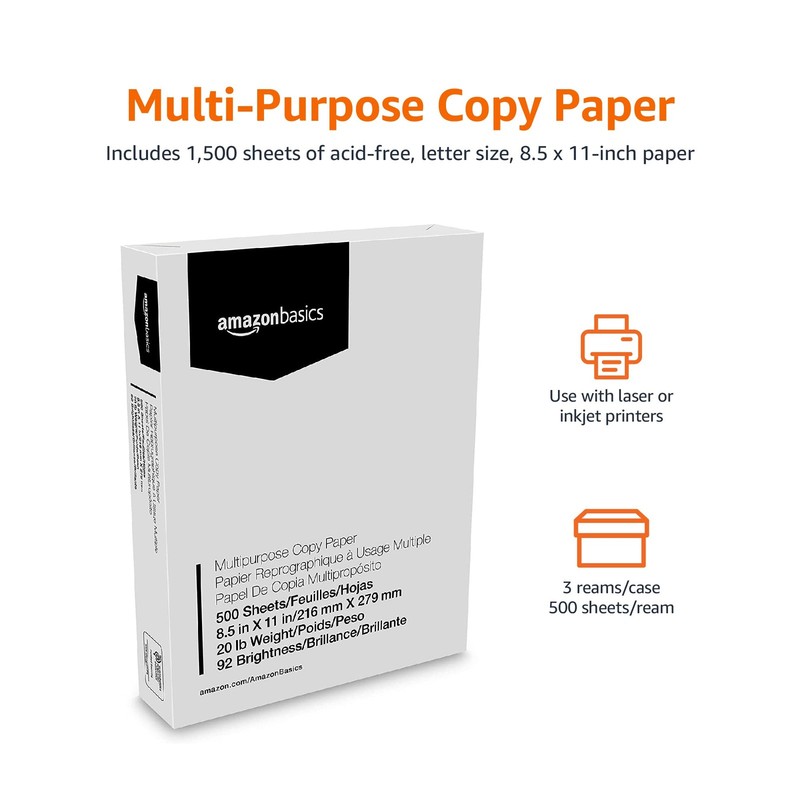 Amazon Basics Multipurpose Copy Printer Paper, 3 Reams | 1500 Sheets, White gallery