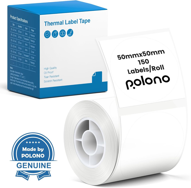 Thermal Labels for PM220S Label Maker, 2 inch (50mm) Round Thermal Label, Waterp