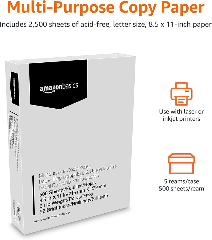 Multipurpose Copy Printer Paper, 20 Lb, 8.5 X 11 Inches, 5 Reams (2,500 Sheets), gallery