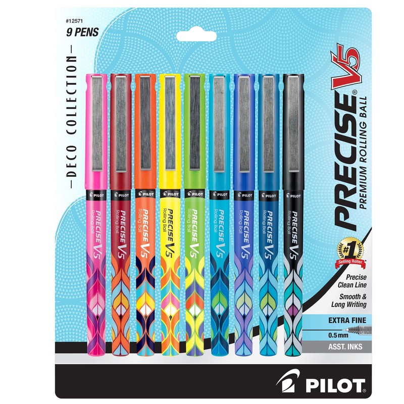 Pilot Precise V5 Deco Collection Pens 9 Pack Assorted Colors Smooth Writing