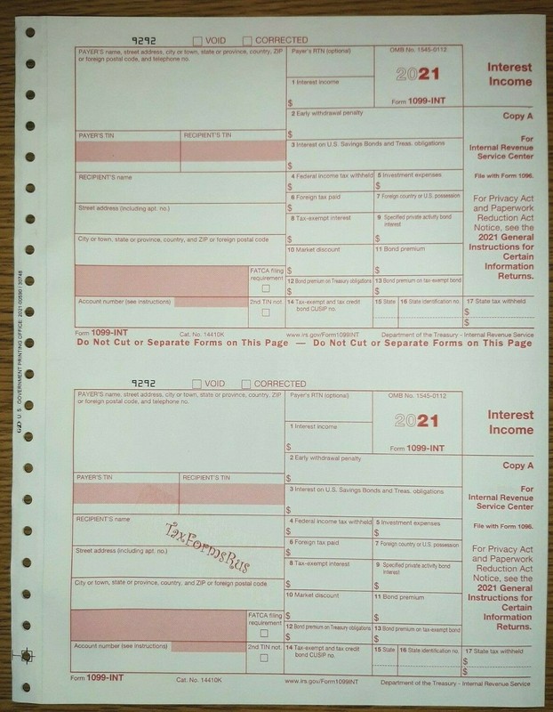 2021 IRS Tax Form 1099-INT single sheet set for 2 recipients carbonless 5-pt 2up