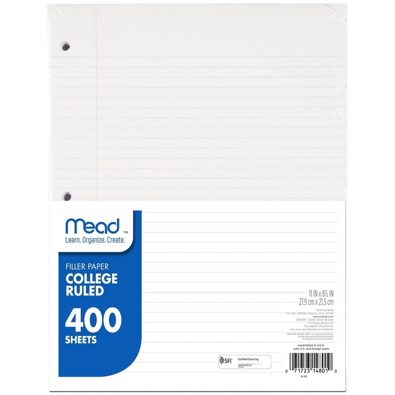 400 Sheets College Ruled Loose Leaf Filler Paper 8.5×11 Inch 3 Ring Binder Pages