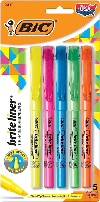 Bic Brite Liner Highlighters, Chisel Tip, 5-count, Assorted Colors, Office Set