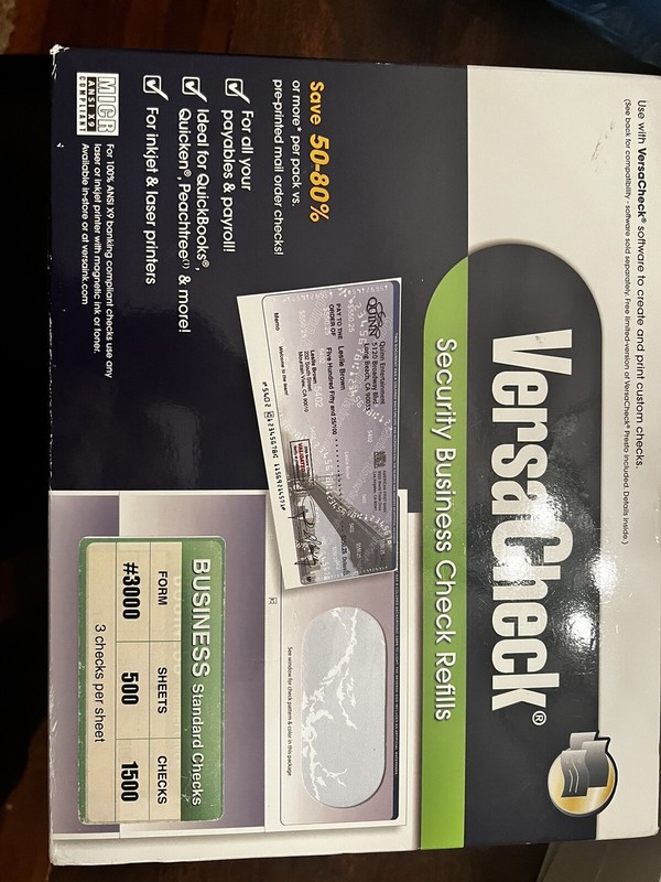 VersaCheck Refills Form #3000 Color Blue 1500 Total Checks Box of 500 sheets