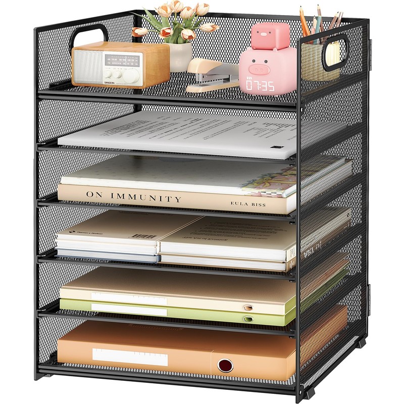 6 Tier Paper File Organizer - Stackable Black Mesh Desk Storage for Office &