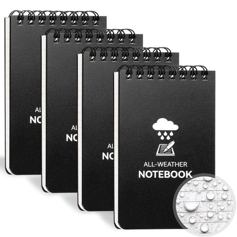 COIDEA Waterproof Notebook, 4 Pack Top-Spiral Pocket Notepad, 3 x 5″, Black
