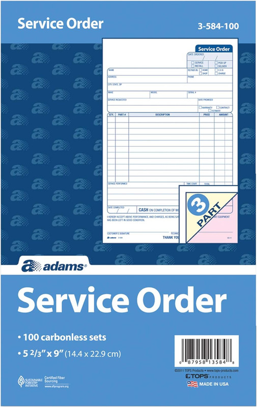 Service Order Form, 3 Part, Carbonless, 5 2/3"X9" Inches, 250 Sets per Pack (3-5