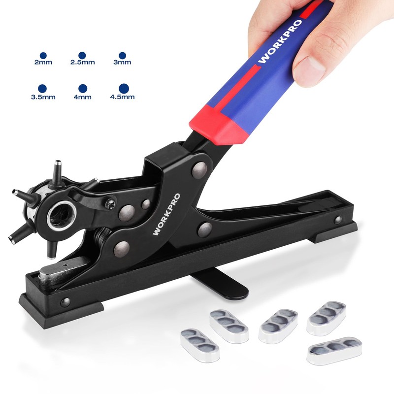 WORKPRO Desktop Leather Hole Punch Set, Rotary Belt Puncher, 6 Silver