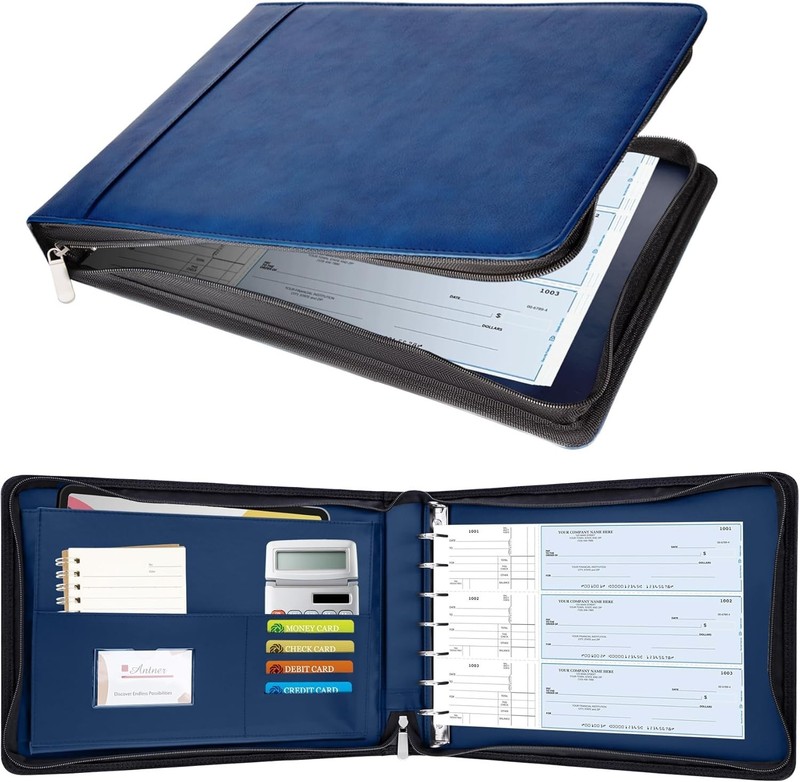 Zippered 7-Ring Business Checkbook Binder PU Leather 600 Checks Blue