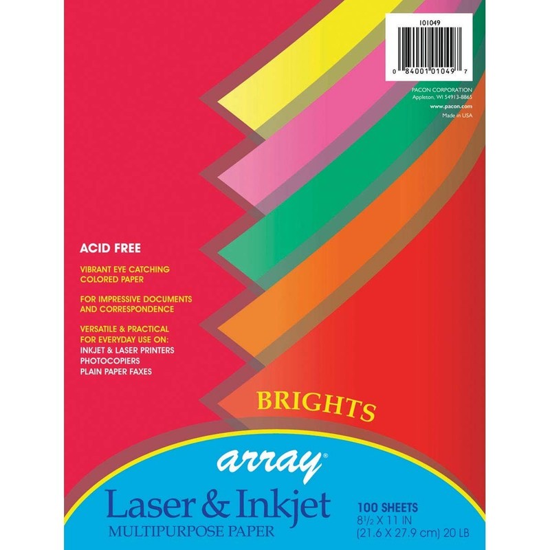 Bright Multi-Purpose Paper, 5 Assorted Colors, 20 lb., 8-1/2" x 11", 100 Sheets