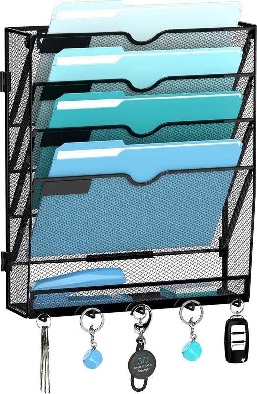 5 Tier Wall File Organizer - Hanging File Organizer with 5 Hooks, Mail Holder...