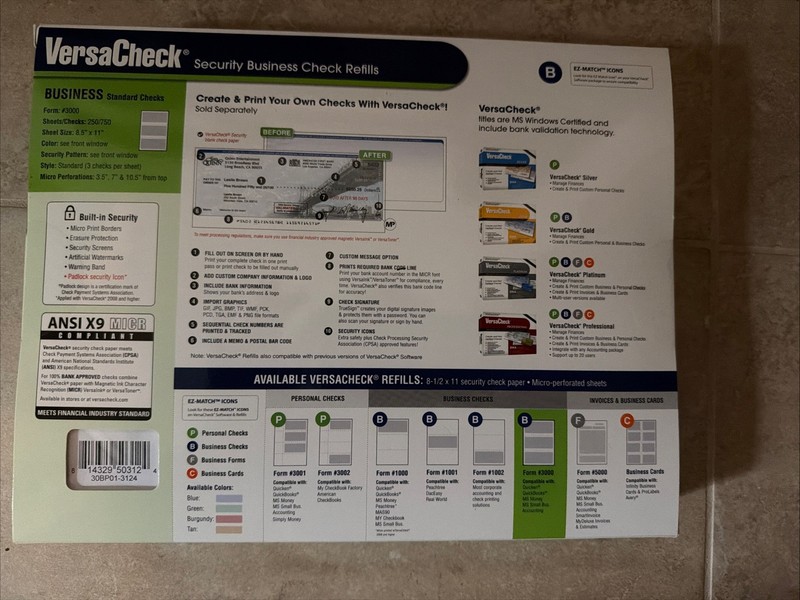 VersaCheck Security Business Check Refills Form #3000 250 Sheets 750 Checks New gallery
