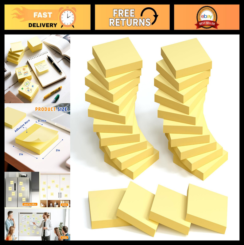 24 Pack Mini Yellow Sticky Notes 2×2″ – 2400 Sheets Memo Pads, Clean Removal, St