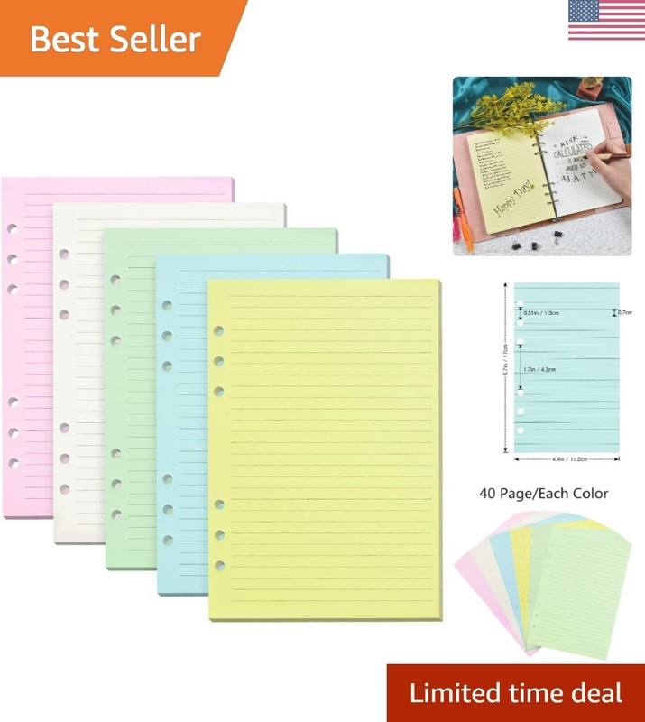 Lined Refill Paper, 200 Colored Ruled Pages for A6 Refillable 6-Ring Binder N…