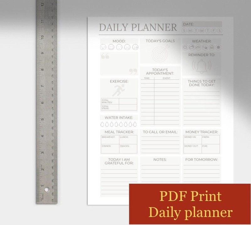 Printable Daily Planner Downloadable PDF Size 8.5x 11” meal/exercise tracking