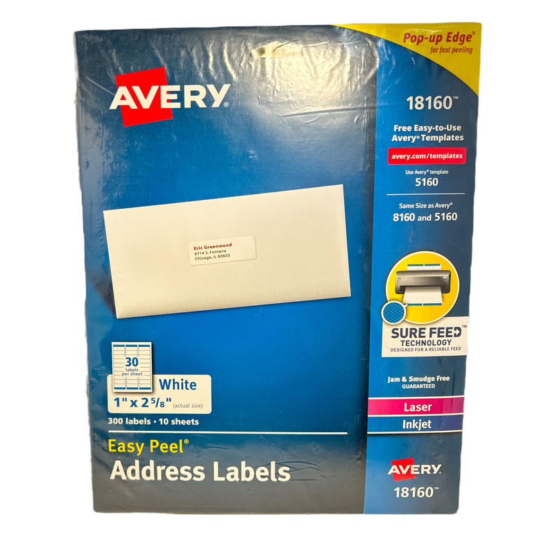 Avery Easy Address Labels 300 Labels -10 Sheets 1″x 2 5/8″ White – PACK OF 2