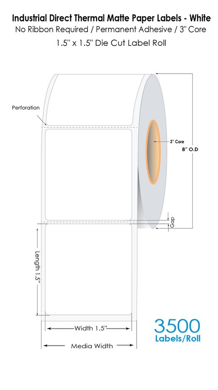Direct Thermal 1.5″ x 1.5″ Labels 3500/Roll – 3″ Core | 8″ OD