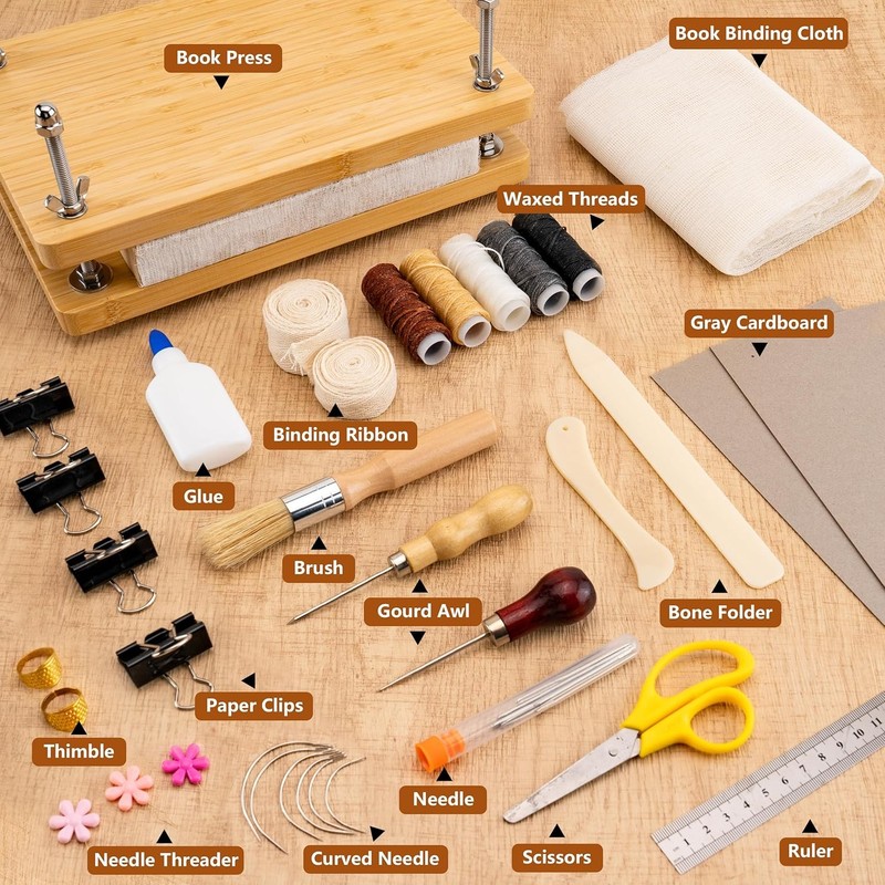 Professional Book Binding Kit with Press, Bone Folder, and Waxed Thread gallery