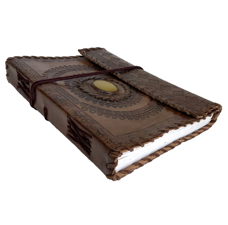 Handmade Journal Diary Notebook Brown Leather Embossed Semi Precious Stone gallery