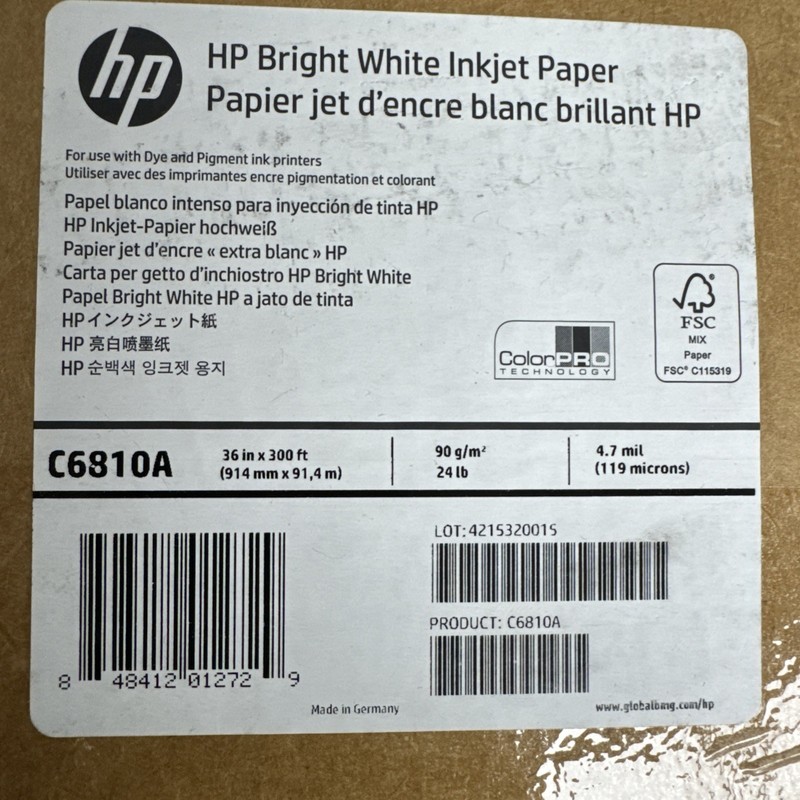 HP C6810A Bright White Inkjet Large Format Paper 4.7 mil 36" x 300' ft, 1 Roll