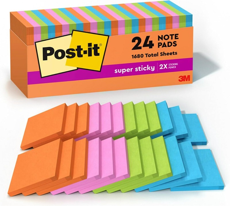 Post-it Super Sticky Notes, 3×3 in, 24 Pads, 2x the 3″ x 3″, Energy Boost