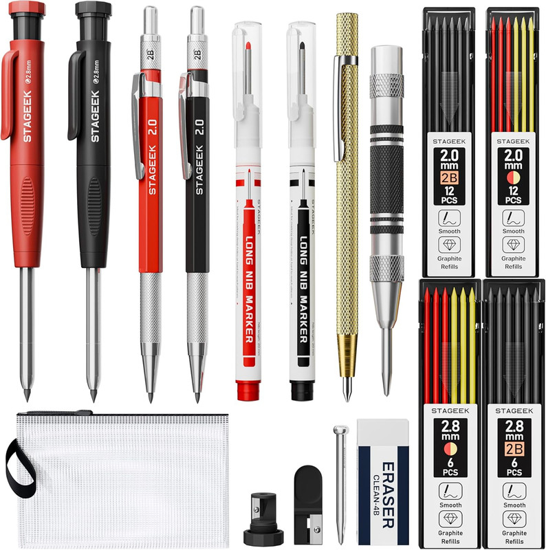 17 Pack Mechanical Carpenter Pencil Set with Sharpener 40 Refills, Automatic Cen