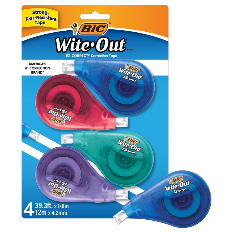 BIC EZ Correct Correction Tape, White, No Dry Time, Tear Resistant Tape, 4Count