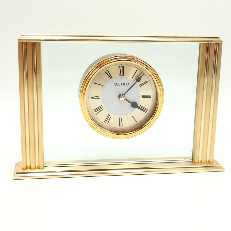 Seiko Floating Dial Alarm Desk Clock Brass Pillar Executive Glass Body 5″ x 8″