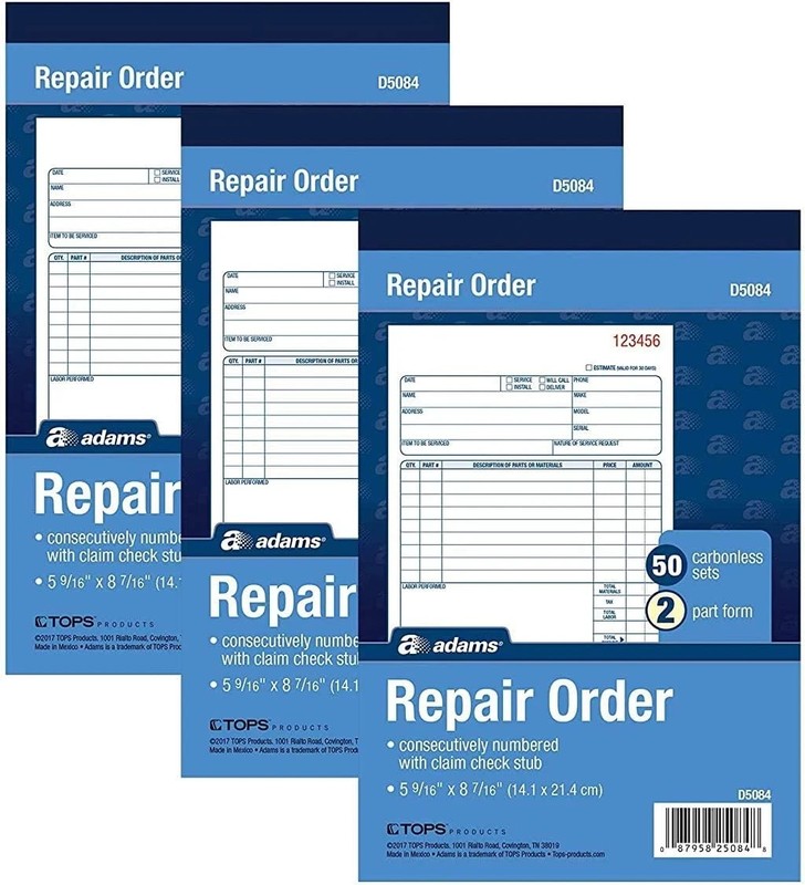 Repair Order Book, Carbonless, 2-Part, White/White, 5-9/16 X 8-7/16 Inches, 50 S