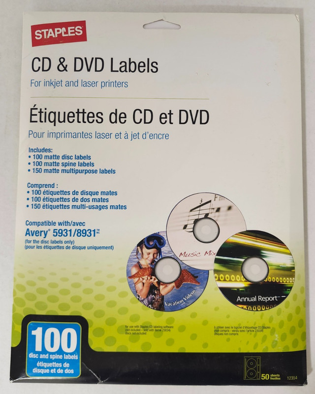 Staples Laser Inkjet CD DVD Labels 50 Sheet Pack 100 Labels Matte Item 12354 New