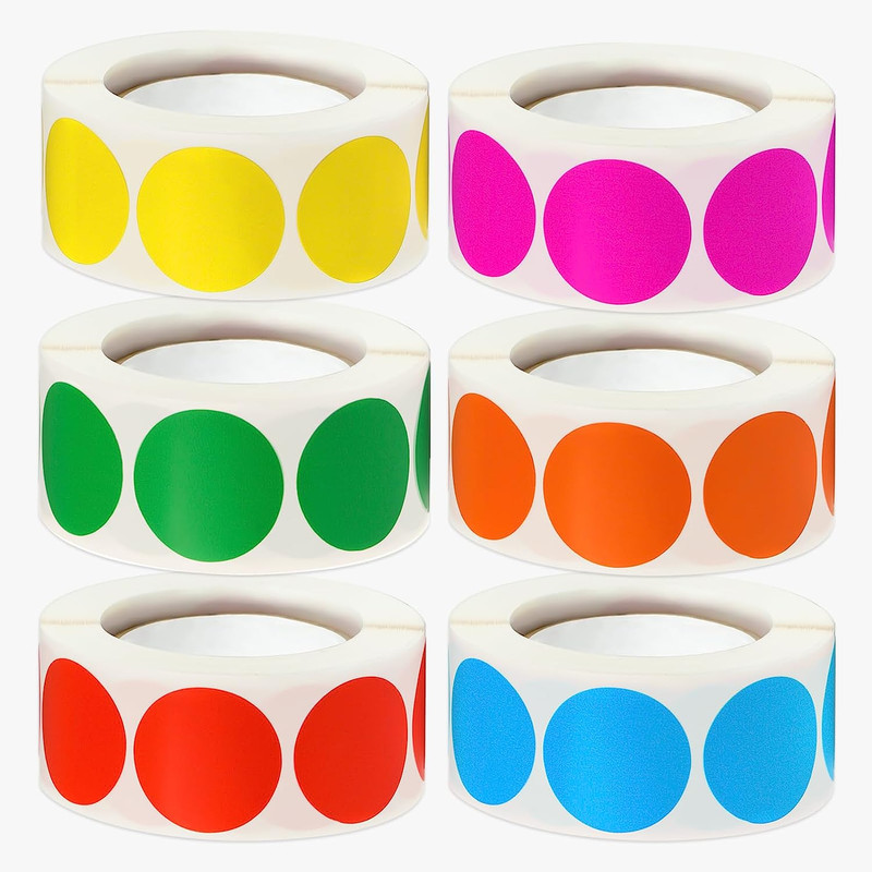 3000 Pcs 1″ round Color Coding Circle Dot Labels on 6 Rolls, 500 Count Each, Inc
