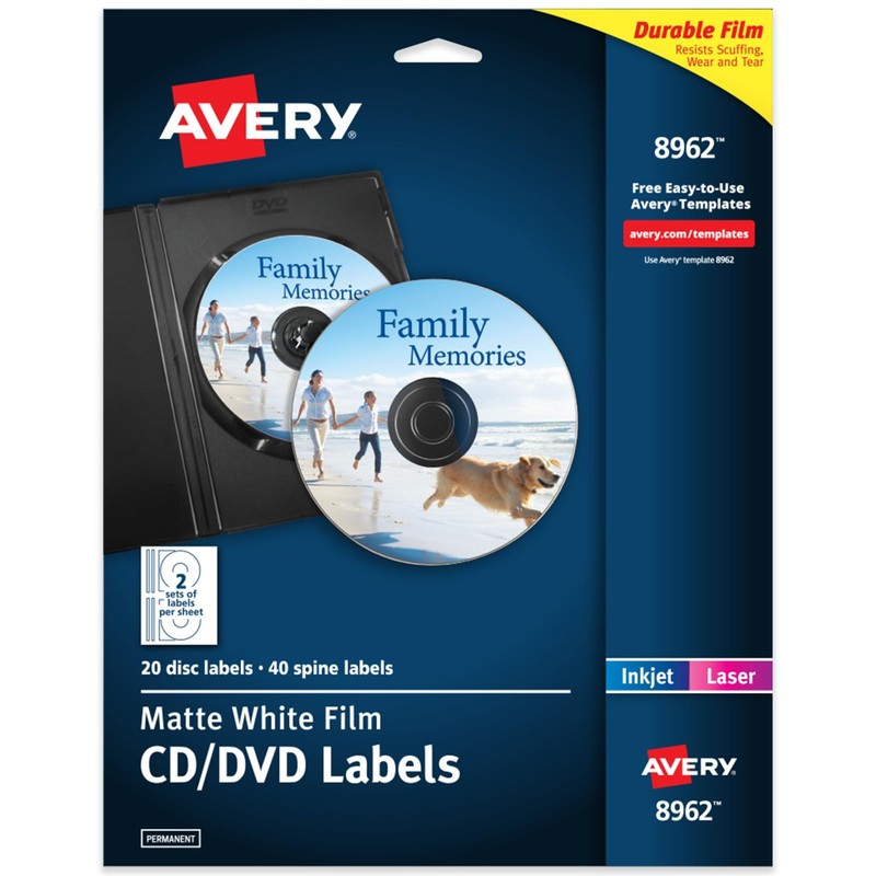 Avery Printable DVD Labels, Matte White Film, Permanent Adhesive, Laser & Inkjet