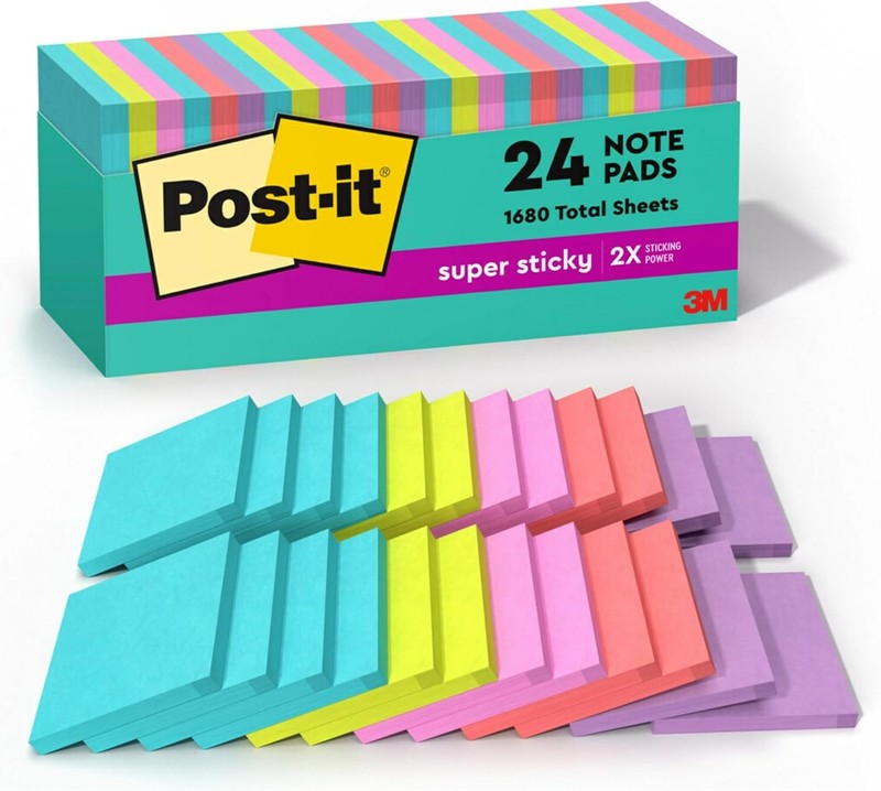 Post-it Super Sticky Notes, 24 Sticky Note Pads, 3 x 3 in., Ideal for Organizati