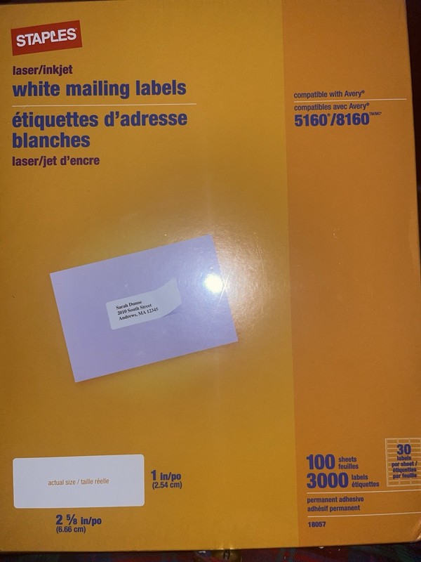 Staples Laser/Inkjet Address Labels 1"x 2 5/8" White 30 Up 100 Pages 3000 Labels