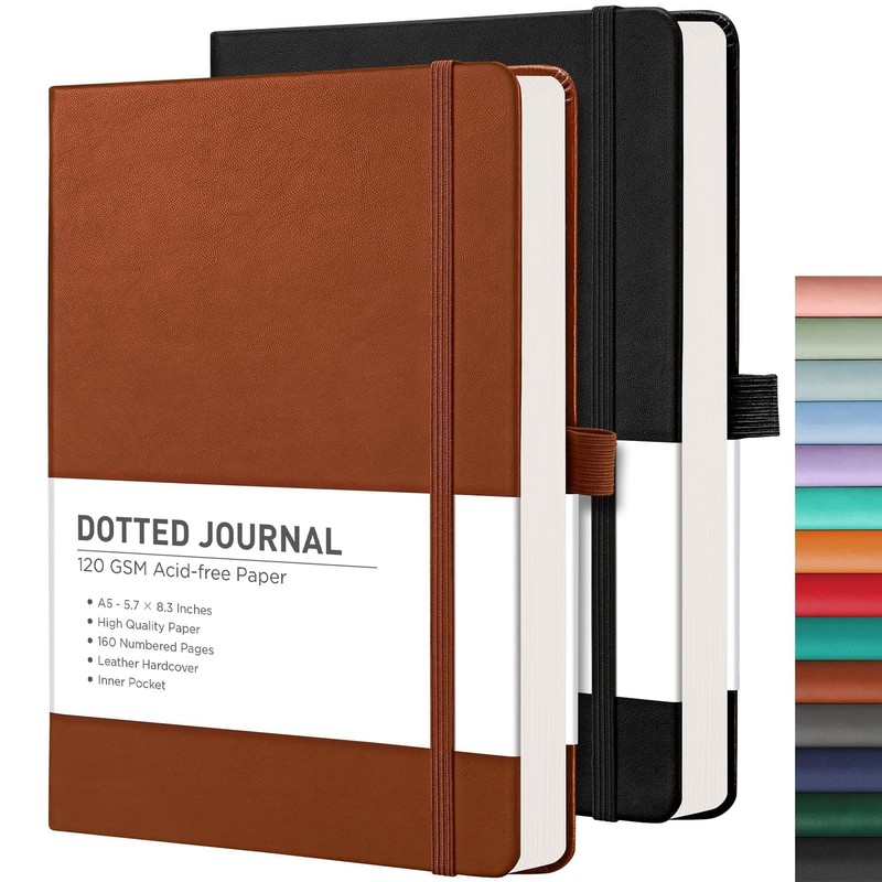 RETTACY Dotted Journal Notebook, 2-Pack, 160 Numbered Pages per Pack, A5 Medi…