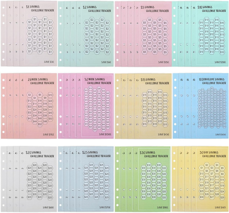 48 Sheets Money Saving Challenge Binder Trackers, 6 Ring A6 Binder Savings Chall