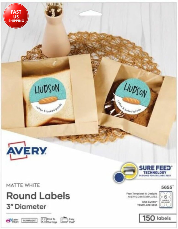 Printable round Labels, Sure Feed Technology, 3″ Diameter, Matte White, Permanen