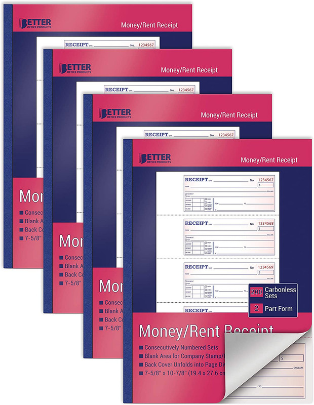 Cash Money and Rent Receipt Books, 4 Pack, Large Size, 2-Part Carbonless (White/
